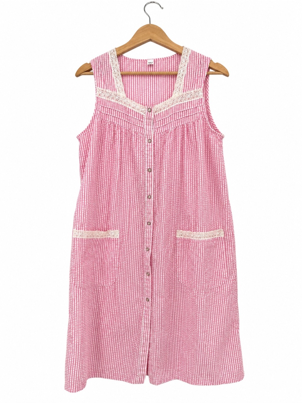 PINK K Seersucker Stripe Button Front Housecoat Dress Sleep Size Medium